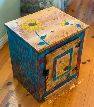 Burnt Wood & Watercolor Nightstand ~ with honeycomb, sunflowers & tiny bee accents