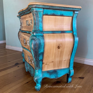 Boho Dresser ~ bombe chest of drawers in blue & green rusted copper patinas