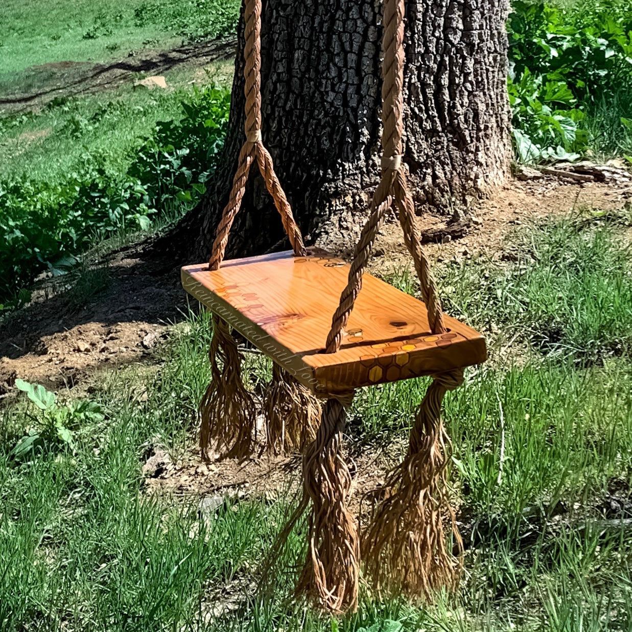 Old-Fashioned Tree Swing ~ waterproof redwood with burnt wood honeycomb & tiny bee accents