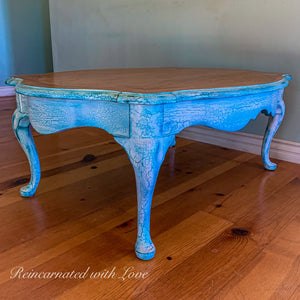 French Country Coffee Table ~ distressed white with blue undertones on stained wood