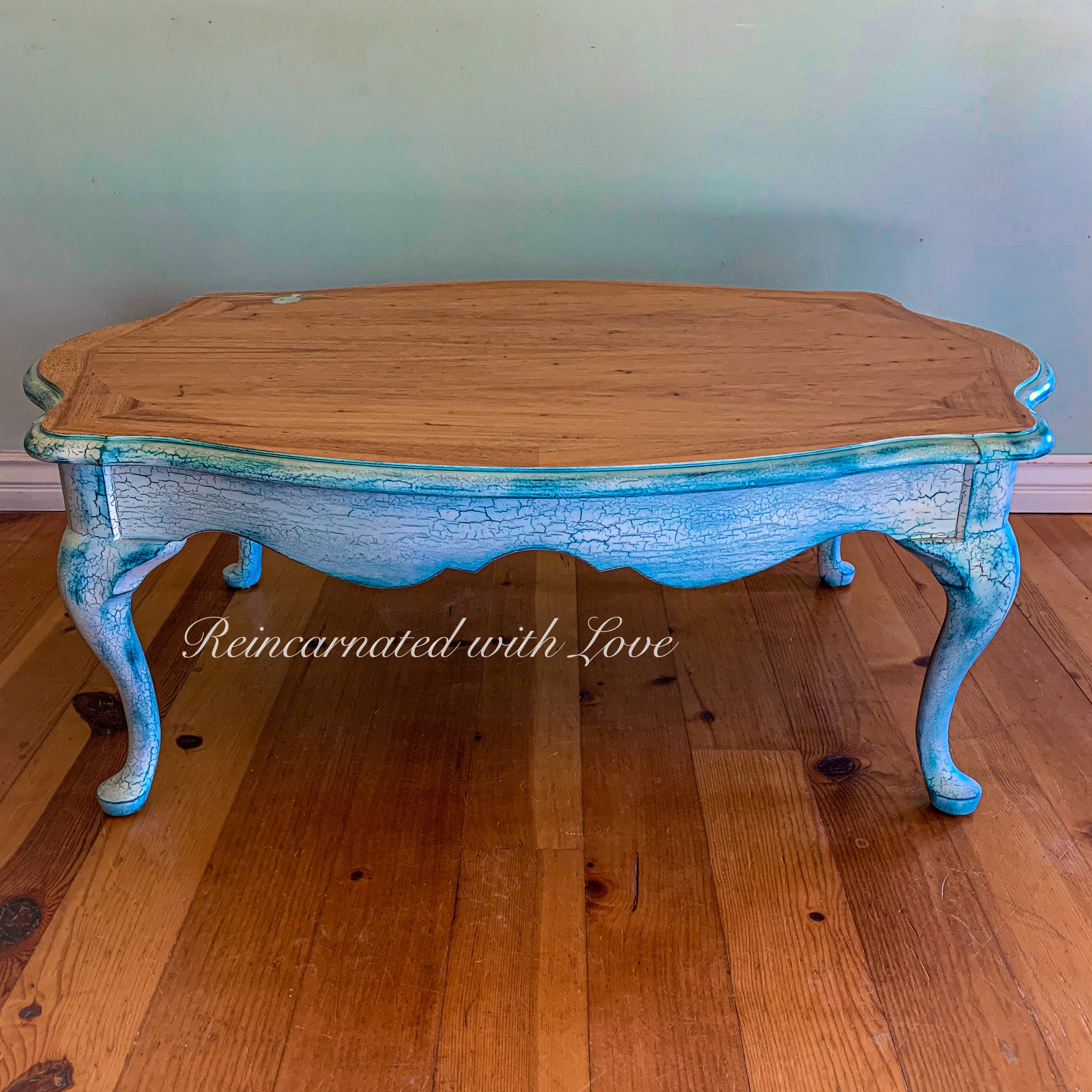 French Country Coffee Table ~ distressed white with blue undertones on stained wood