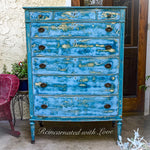 Large French Country Dresser ~ solid tiger oak antique dresser done in distressed blue