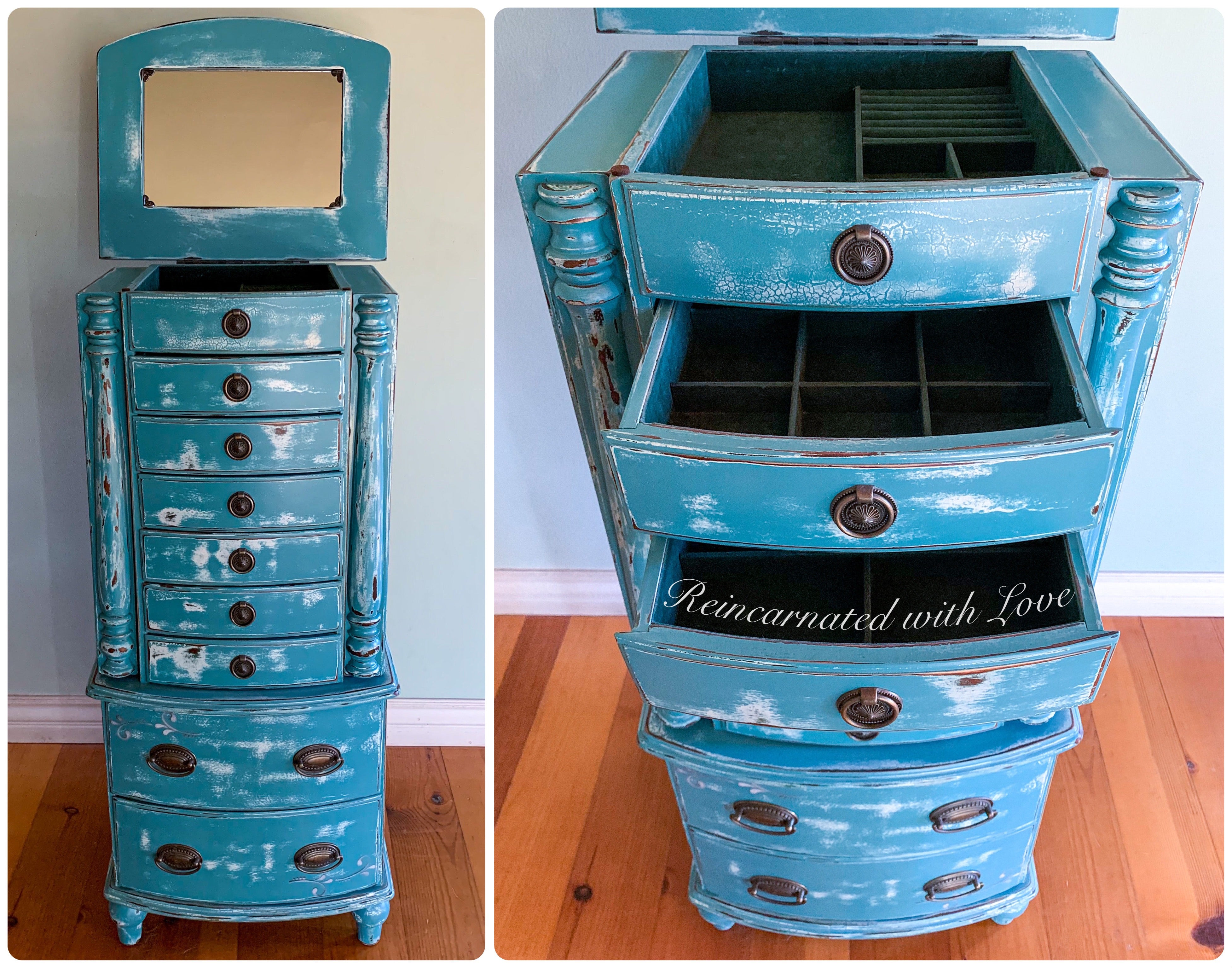 A jewelry armoire painted in distressed blue with a hidden mirror & velvet lined drawers.