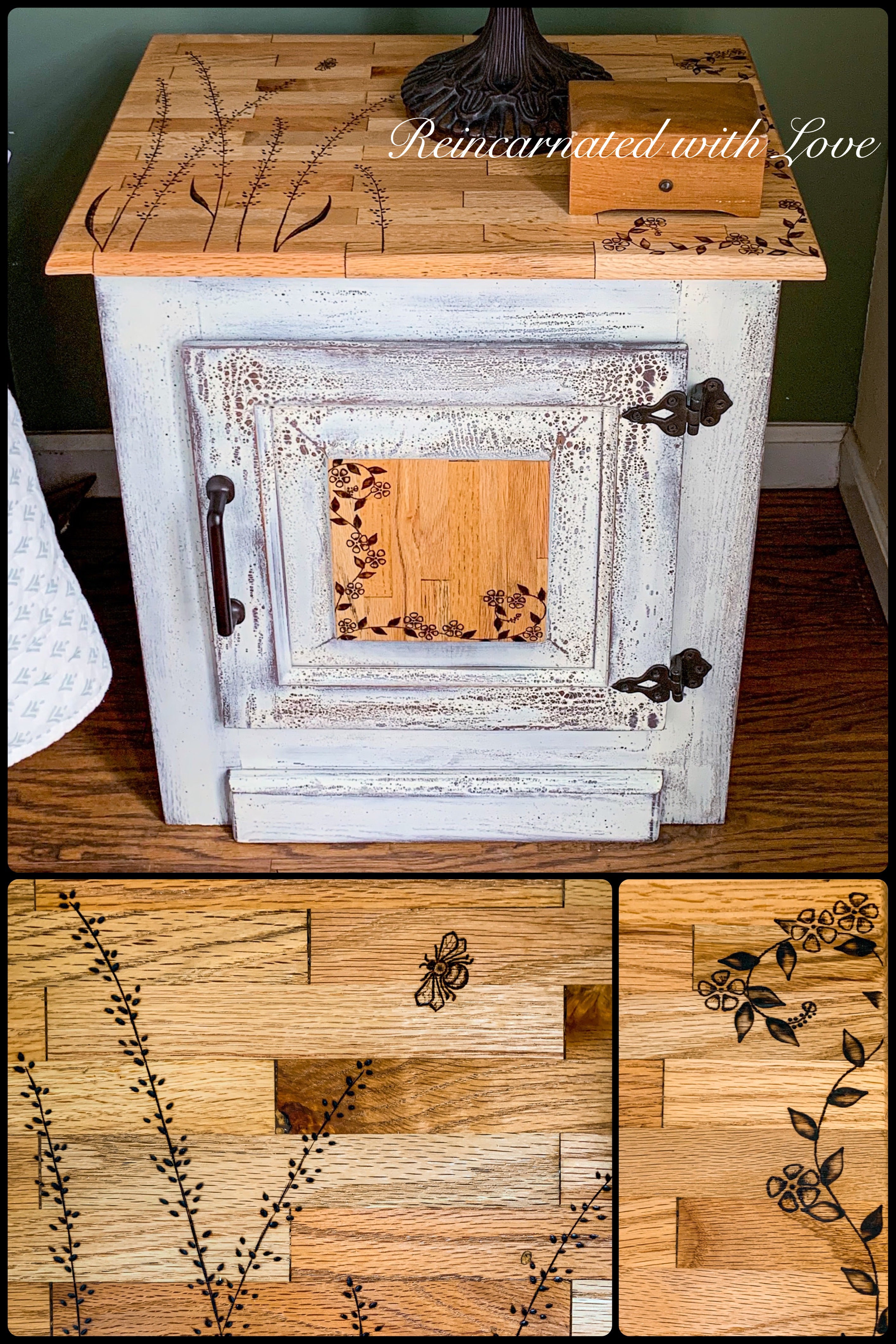 Farmhouse Bedside Table ~ with burnt wood, floral detailing
