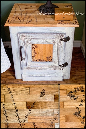 Farmhouse Bedside Table ~ with burnt wood, floral detailing