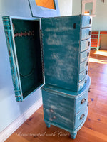 French Country Jewelry Armoire ~ in distressed blue with velvet lined drawers