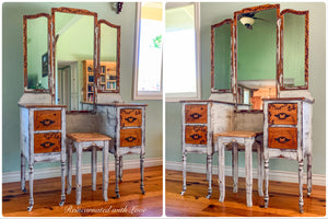 Farmhouse Style Vanity ~ antique dressing table with burnt wood, floral accents