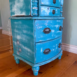 French Country Jewelry Armoire ~ in distressed blue with velvet lined drawers