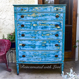 Large French Country Dresser ~ solid tiger oak antique dresser done in distressed blue