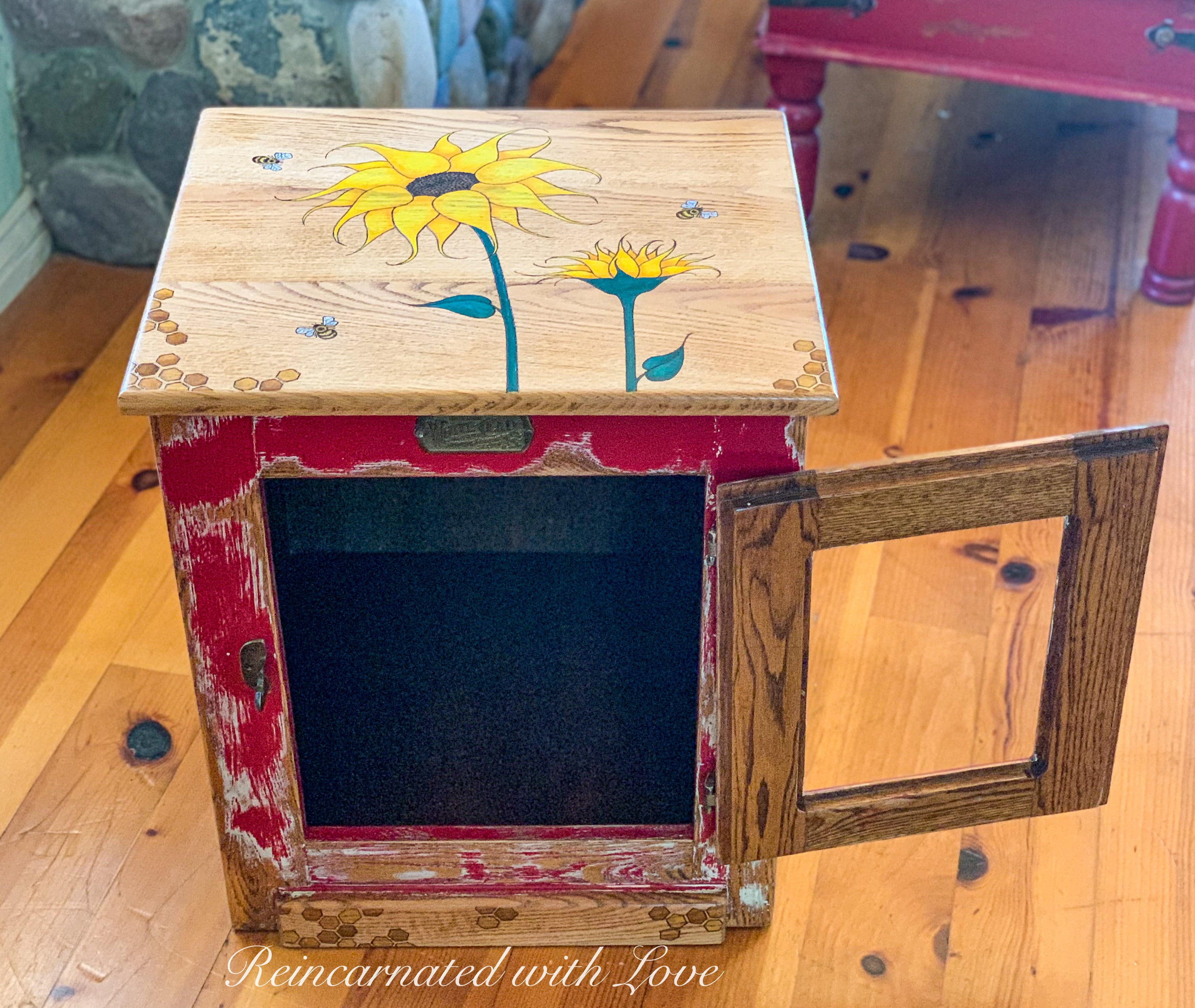 Farmhouse Style Nightstand ~ with honeycomb, sunflowers & tiny bee accents