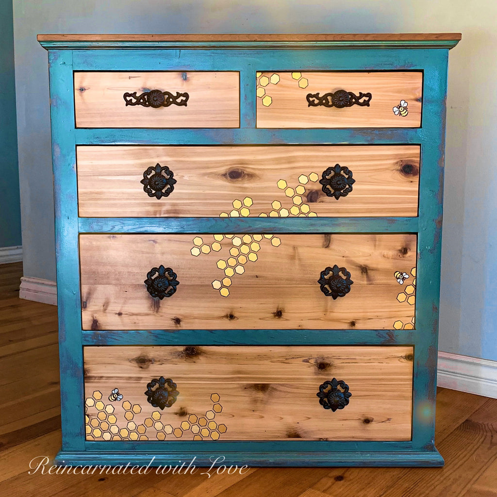 Boho Style Dresser ~ with iridescent honeycomb & tiny bee accents