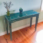 Boho Style Entry Table with key hooks ~ in weathered blue & green hues