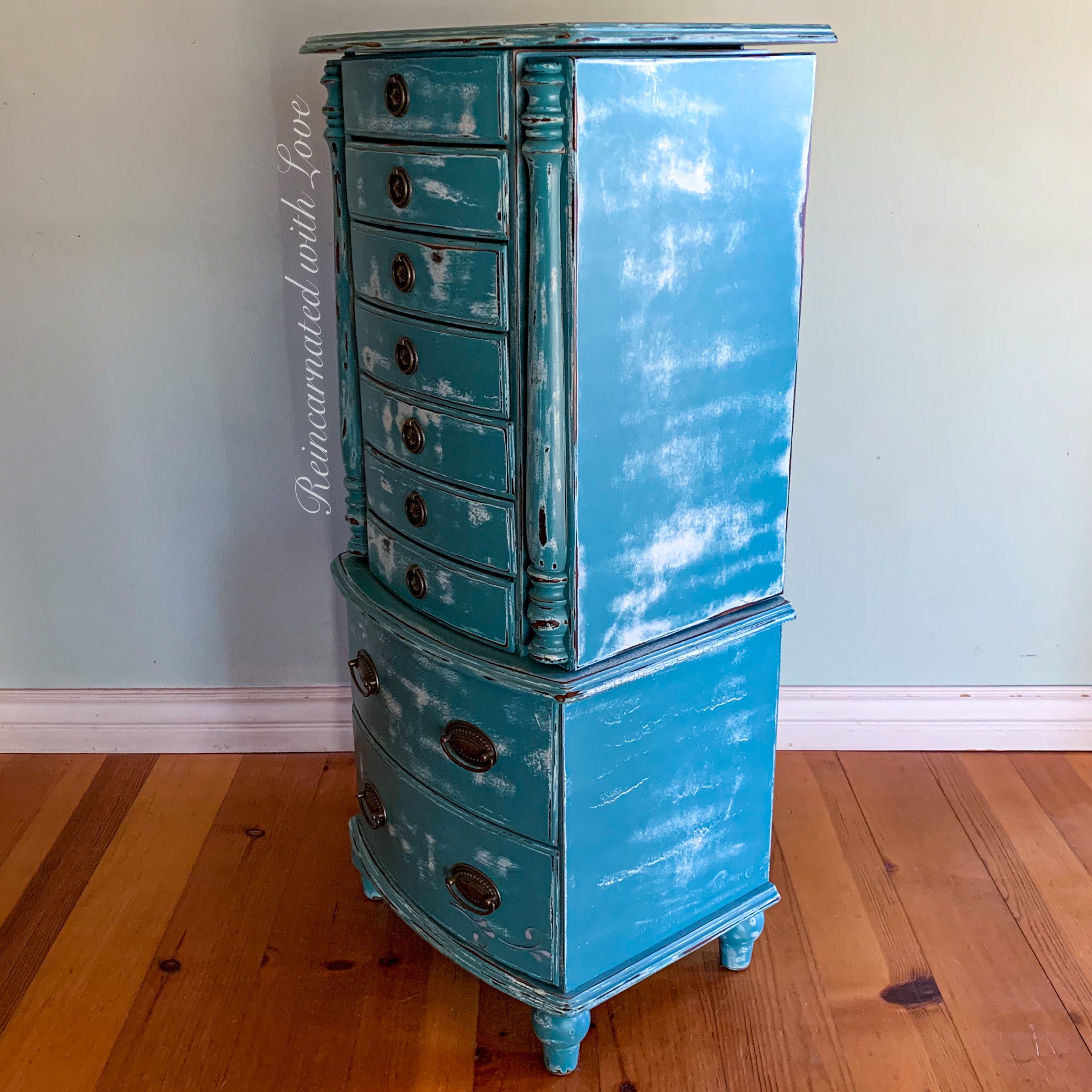 French Country Jewelry Armoire ~ in distressed blue with velvet lined drawers
