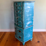 French Country Jewelry Armoire ~ in distressed blue with velvet lined drawers