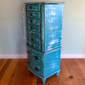 French Country Jewelry Armoire ~ in distressed blue with velvet lined drawers