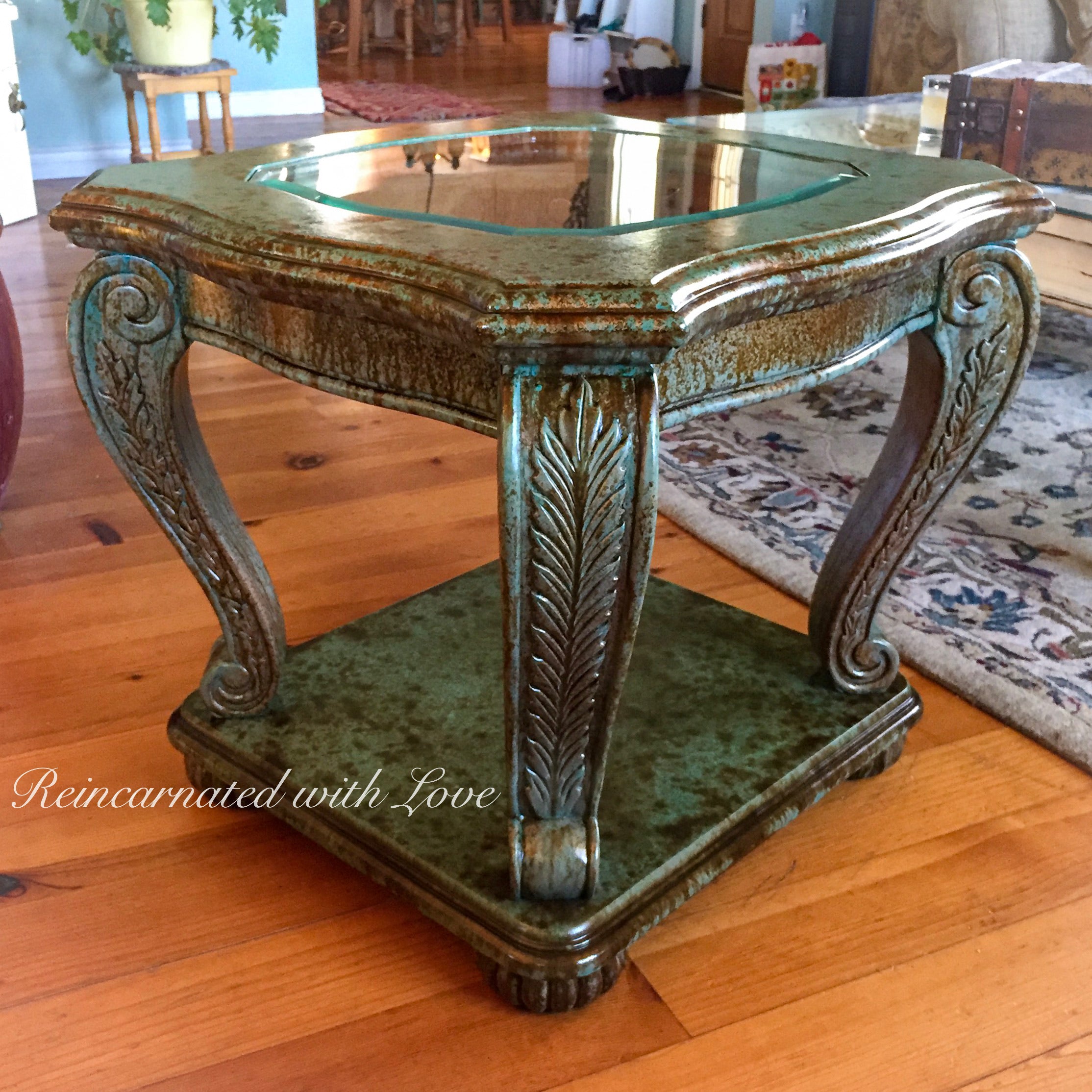 Boho End Table ~ accent table in rusted copper & green patina