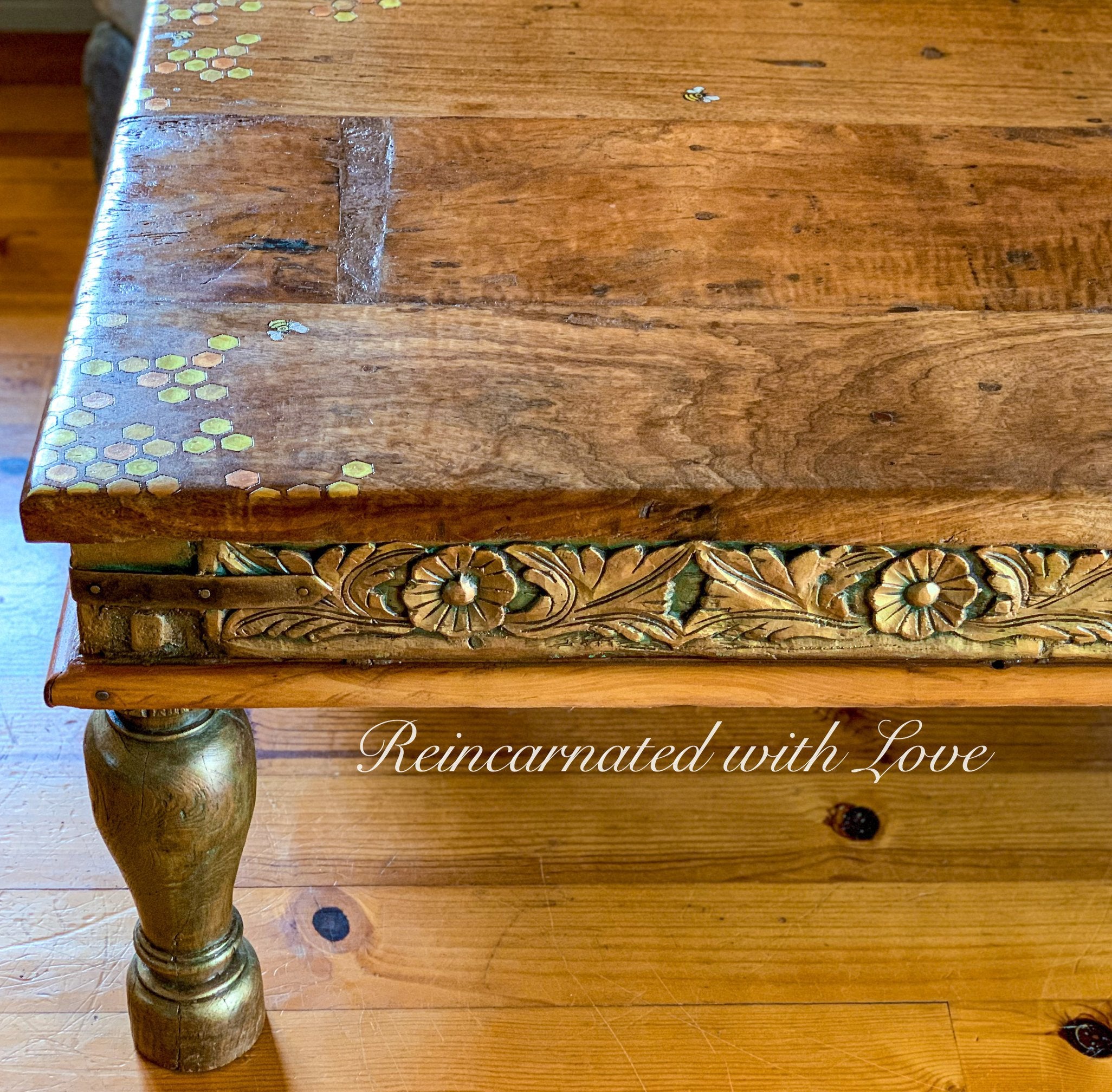 Reclaimed Wood Coffee Table ~ with iridescent honeycomb & tiny bee accents