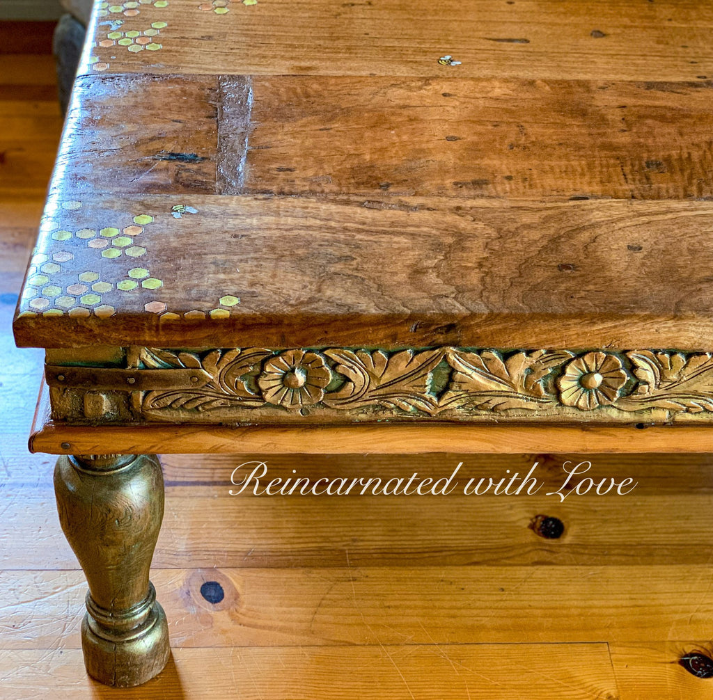 Reclaimed Wood Coffee Table ~ with iridescent honeycomb & tiny bee accents
