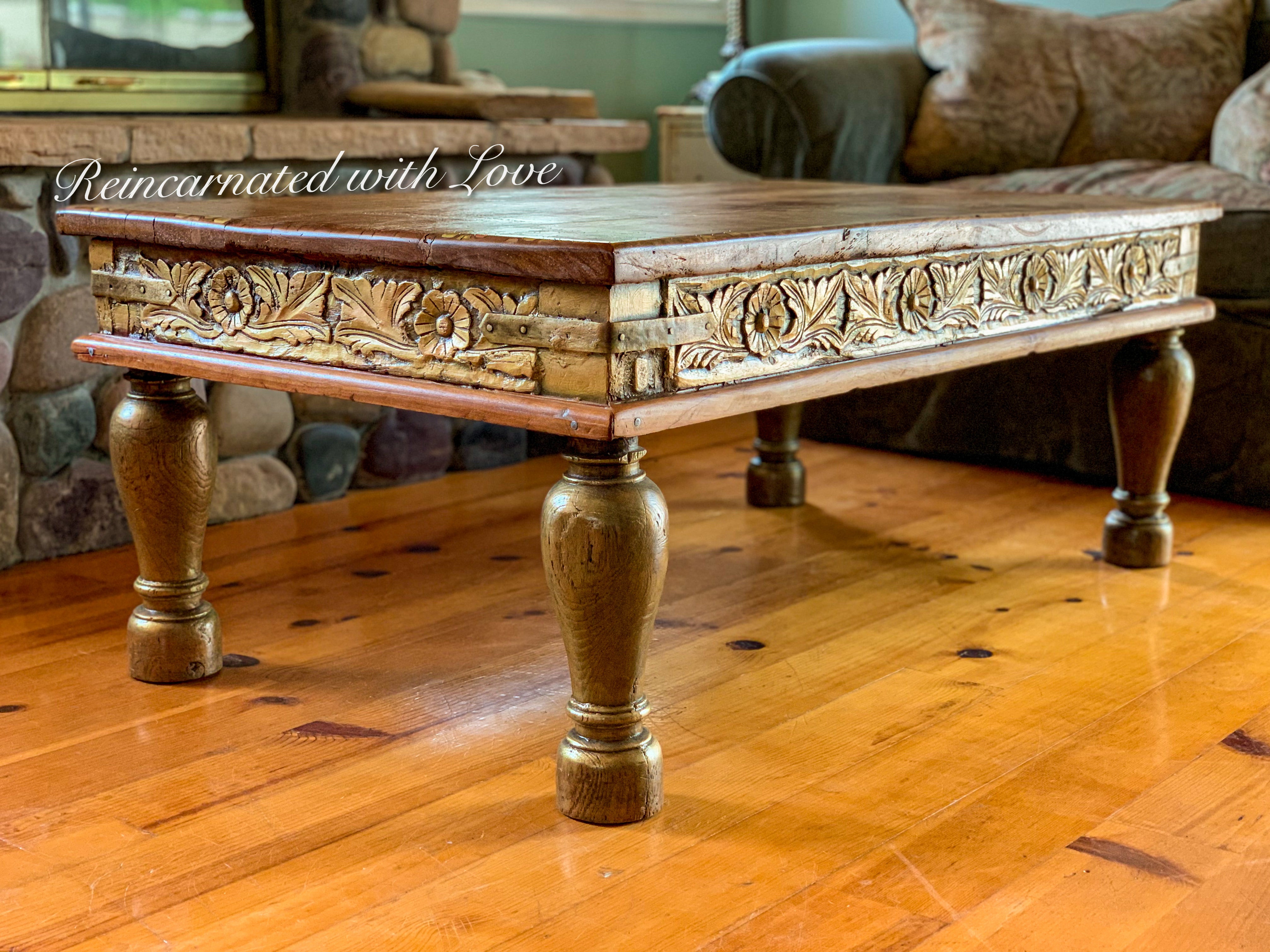Reclaimed Wood Coffee Table ~ with iridescent honeycomb & tiny bee accents