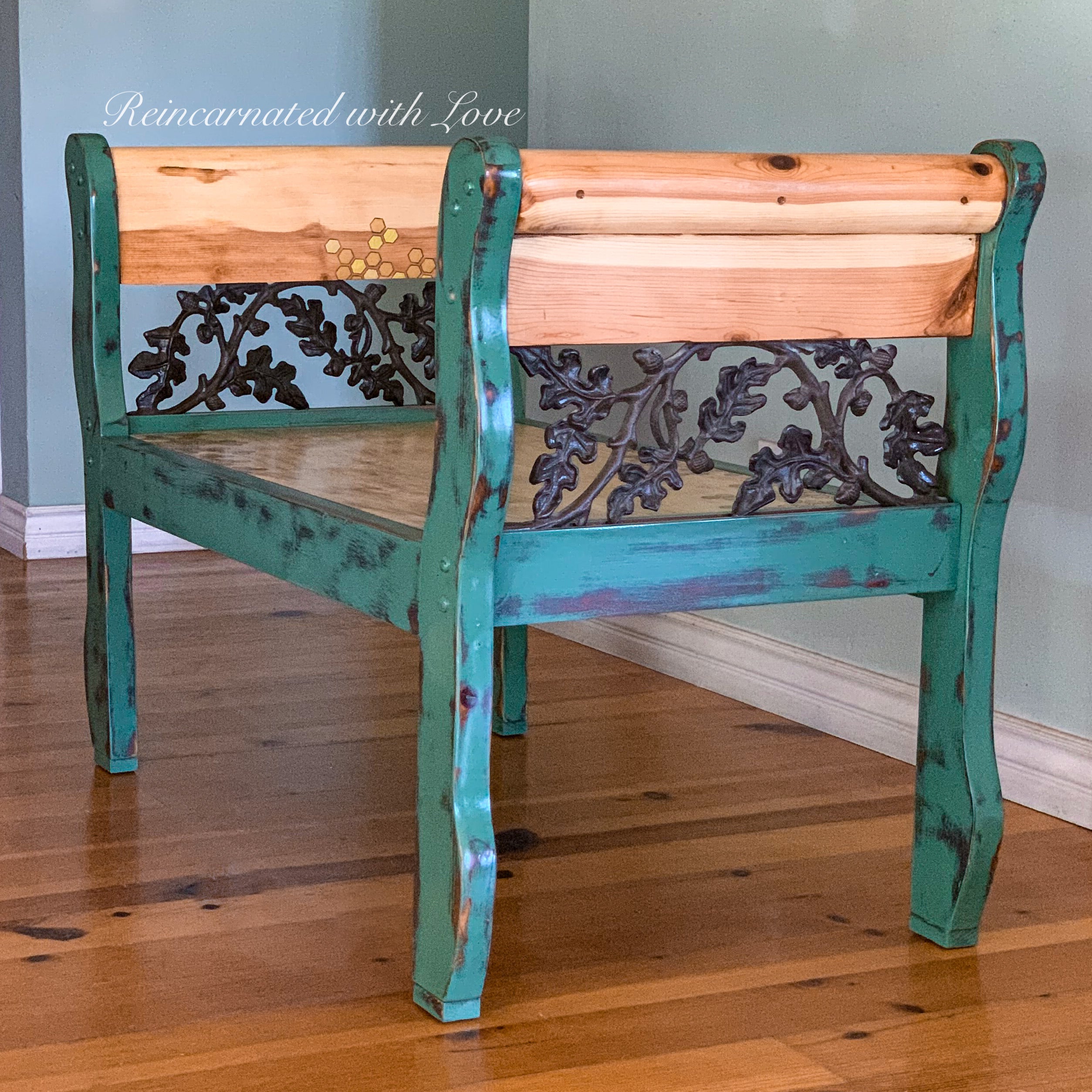 Iron & Wood Bedroom Bench ~ with iridescent honeycomb & tiny bee accents