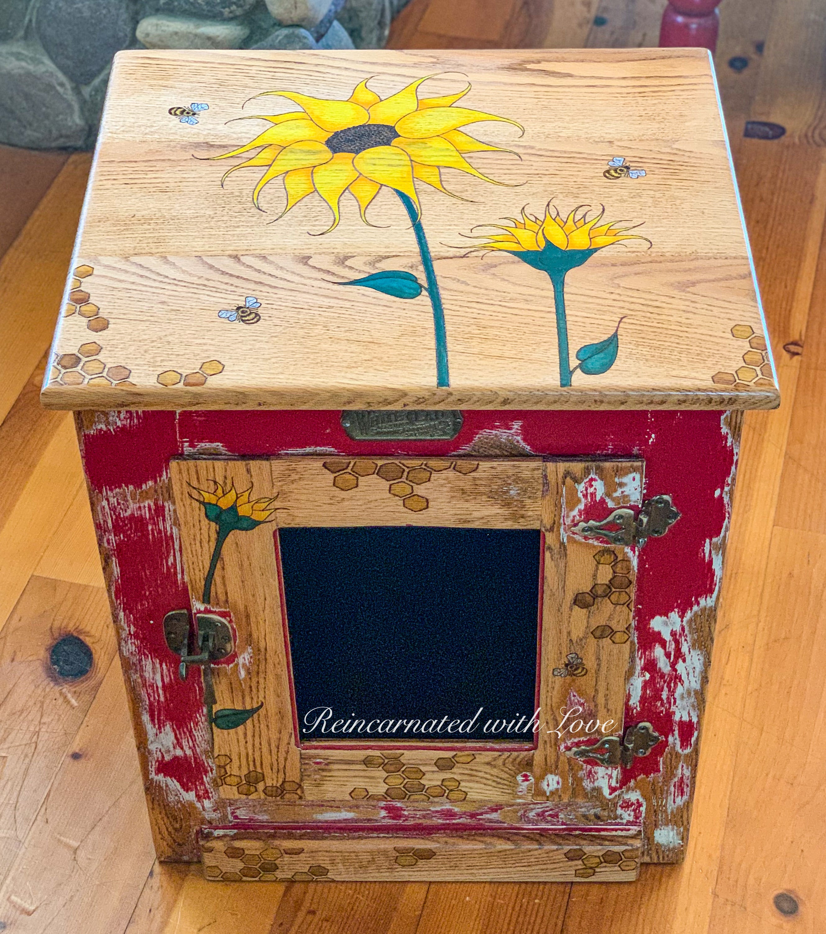 Farmhouse Style Nightstand ~ with honeycomb, sunflowers & tiny bee accents