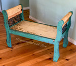A wrought iron & stained wood bench painted in distressed green with honeycomb & tiny bee accents.