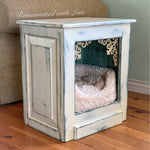 Shabby Chic Pet Bed ~ repurposed end table doubles as a cat cave or small dog bed