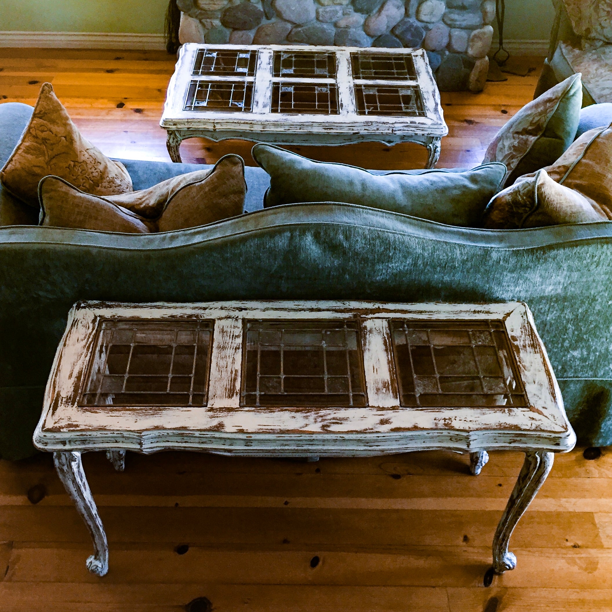 Shabby Chic Table ~ glass top antique table in distressed white