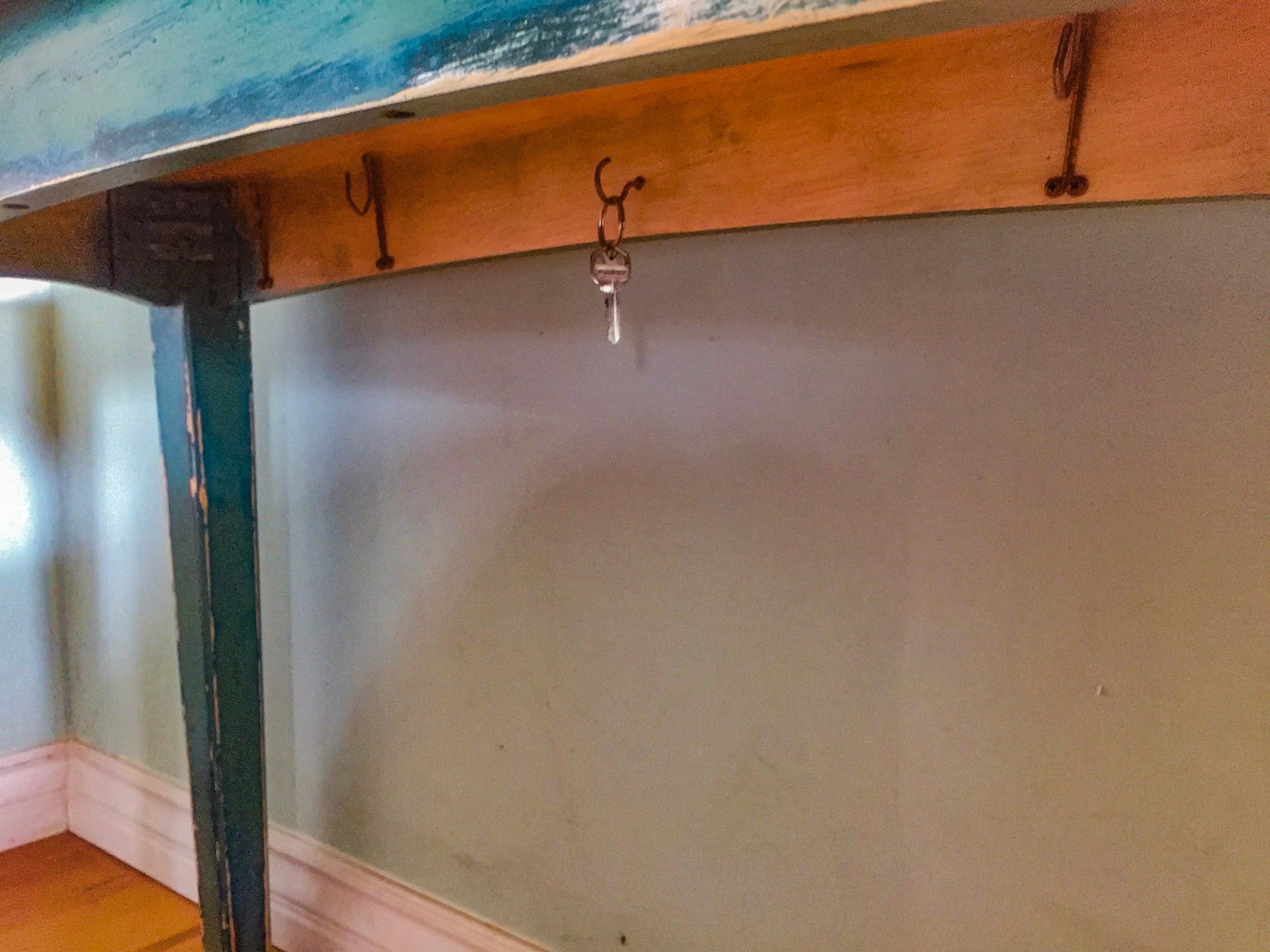 Boho Style Entry Table with key hooks ~ in weathered blue & green hues