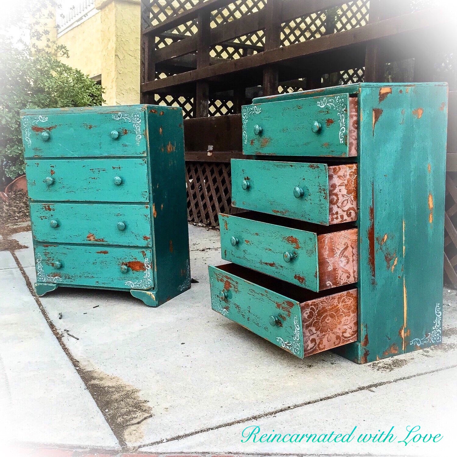 French Country Dresser ~ sea foam green farmhouse dresser with lace accents