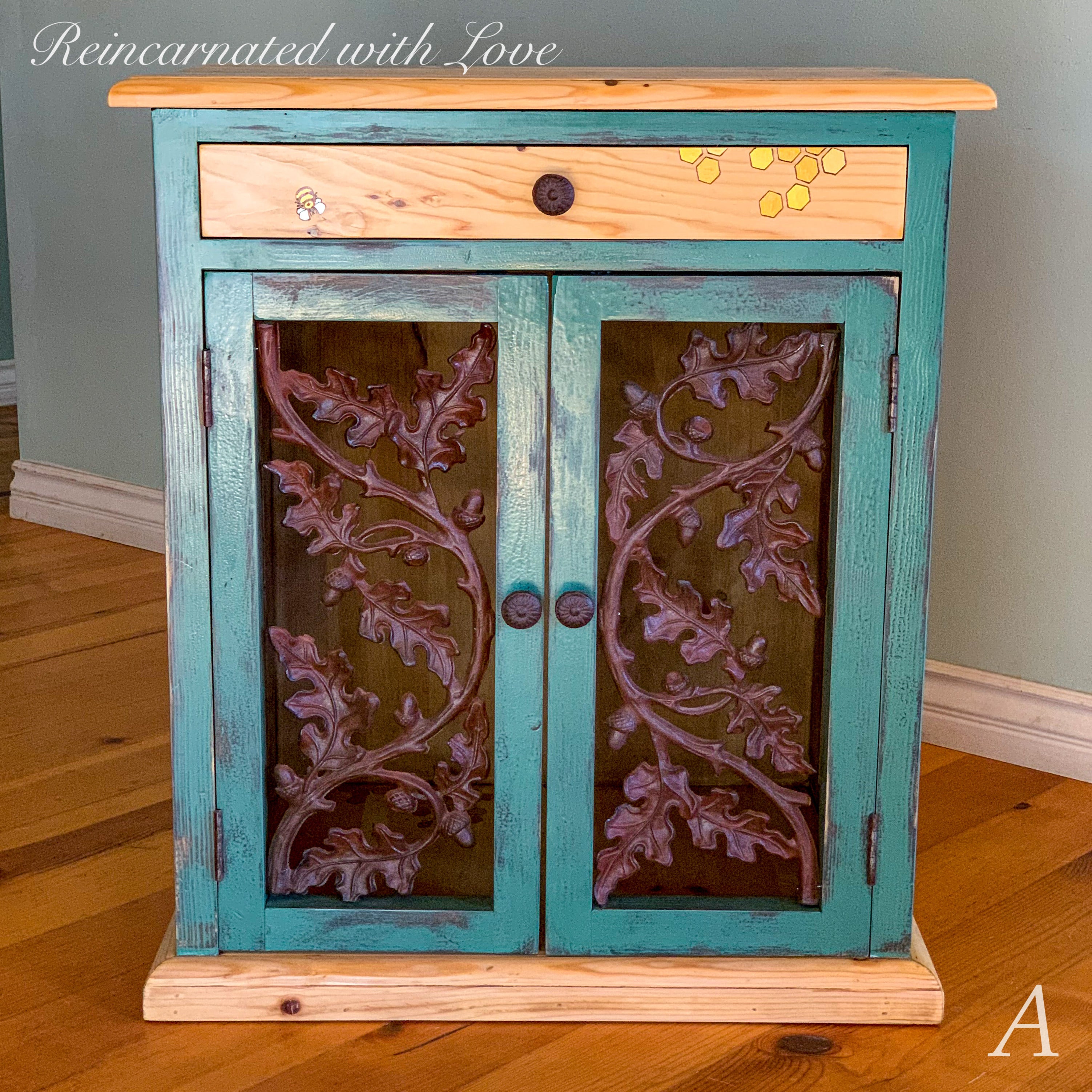 Iron & Wood Nightstands ~ with iridescent honeycomb & tiny bee accents