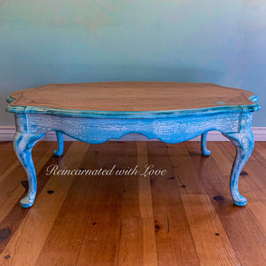 French Country Coffee Table ~ distressed white with blue undertones on stained wood