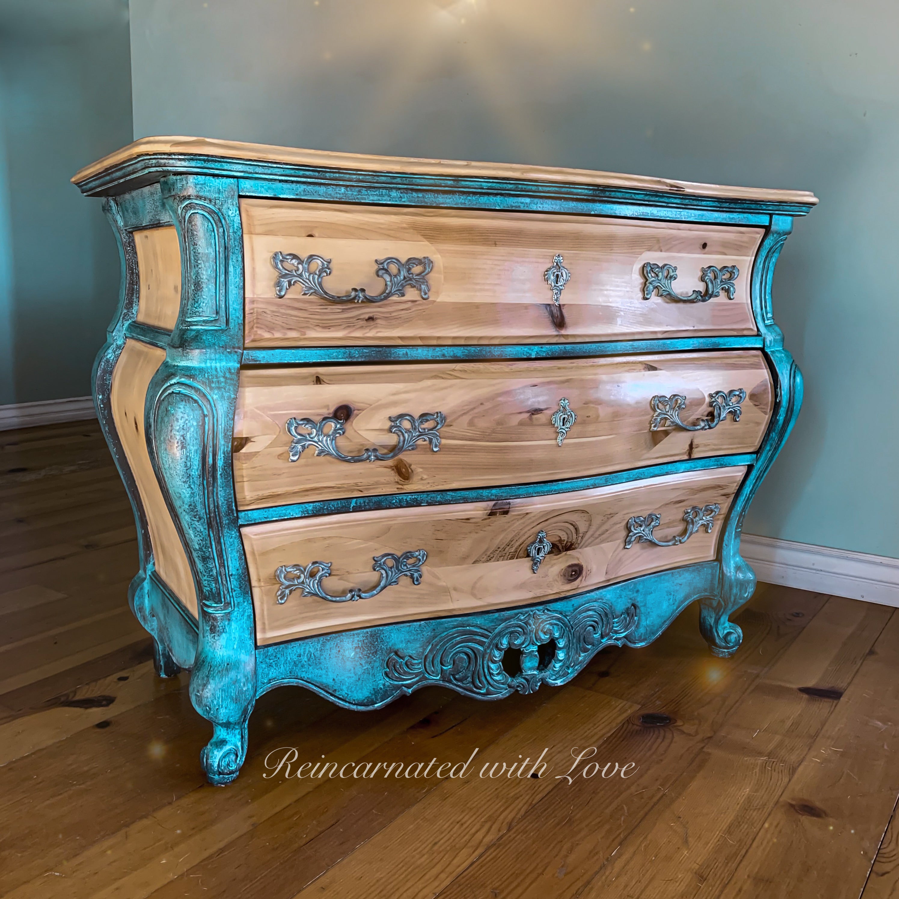 Boho Dresser ~ bombe chest of drawers in blue & green rusted copper patinas