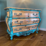 Boho Dresser ~ bombe chest of drawers in blue & green rusted copper patinas