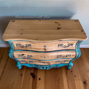 Boho Dresser ~ bombe chest of drawers in blue & green rusted copper patinas