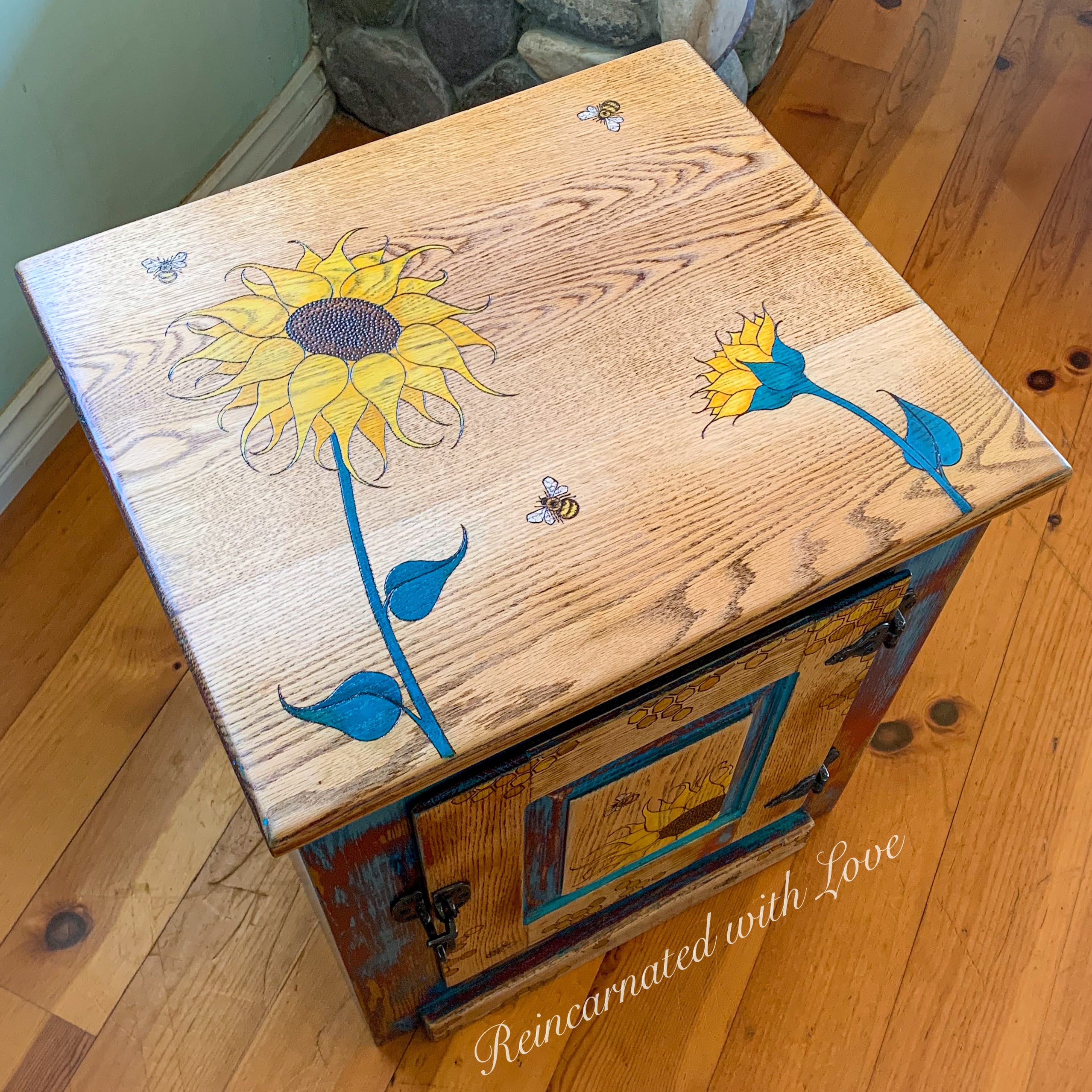 Burnt Wood & Watercolor Nightstand ~ with honeycomb, sunflowers & tiny bee accents