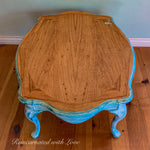 French Country Coffee Table ~ distressed white with blue undertones on stained wood