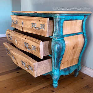 Boho Dresser ~ bombe chest of drawers in blue & green rusted copper patinas