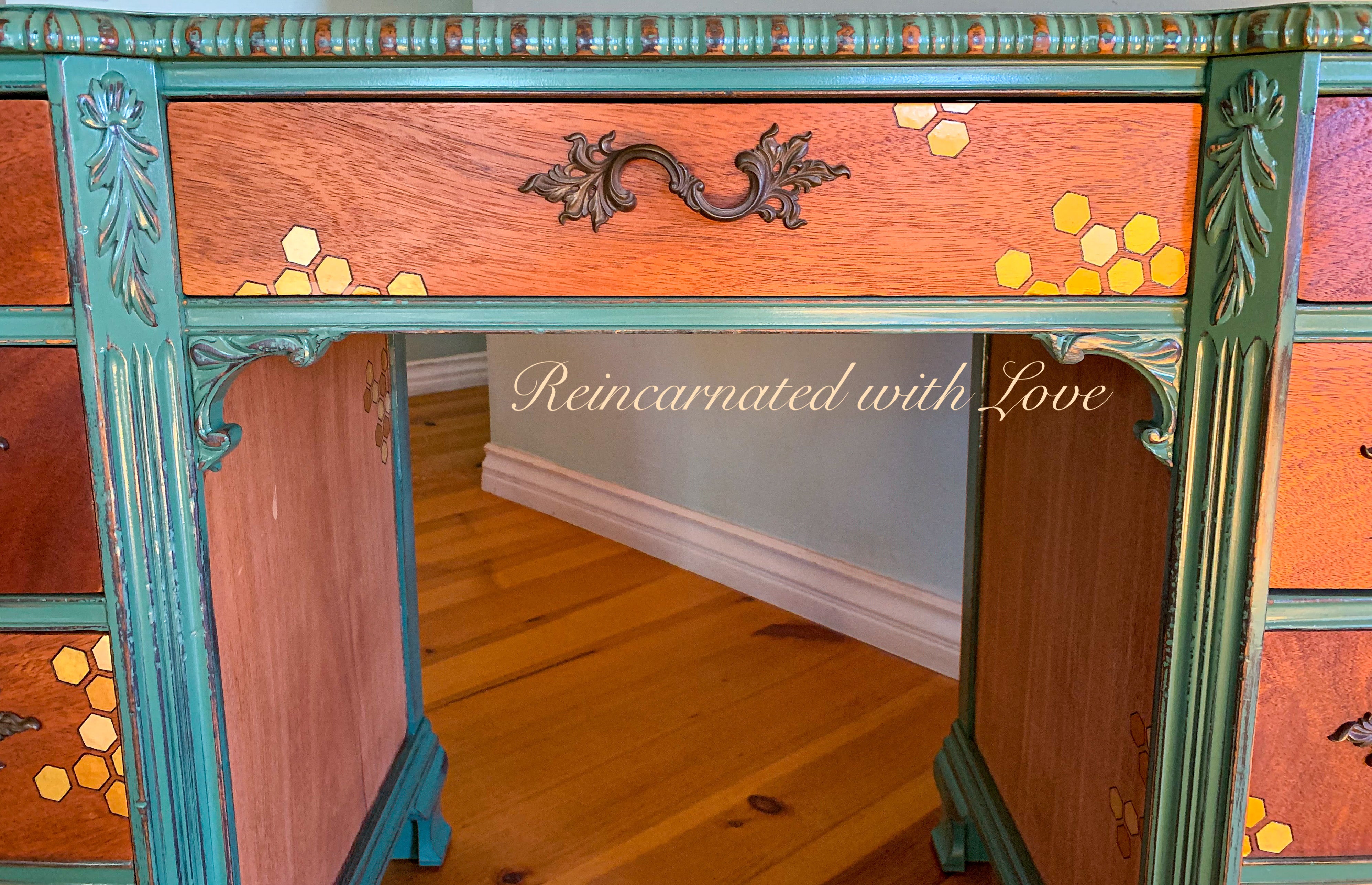 Iridescent Honeycomb Desk ~ with tiny bee accents & distressed green trim