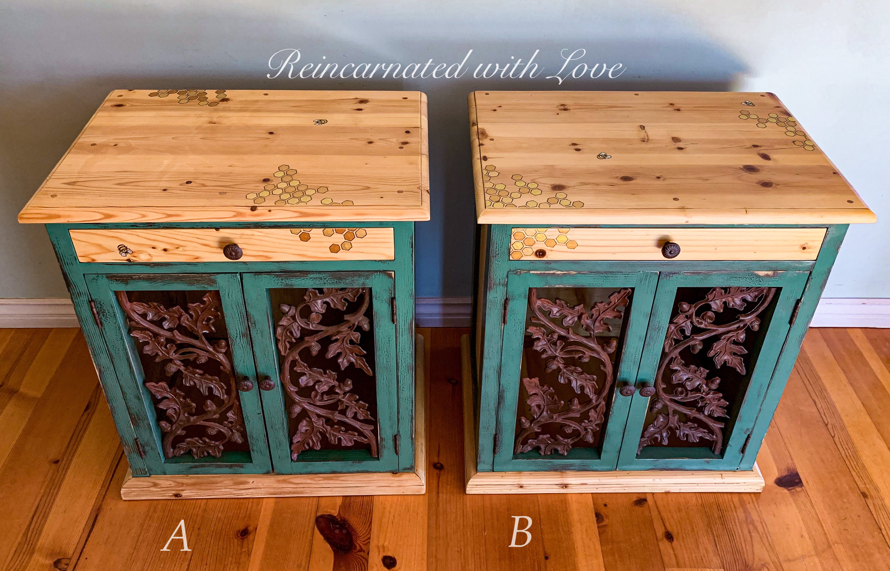 Iron & Wood Nightstands ~ with iridescent honeycomb & tiny bee accents