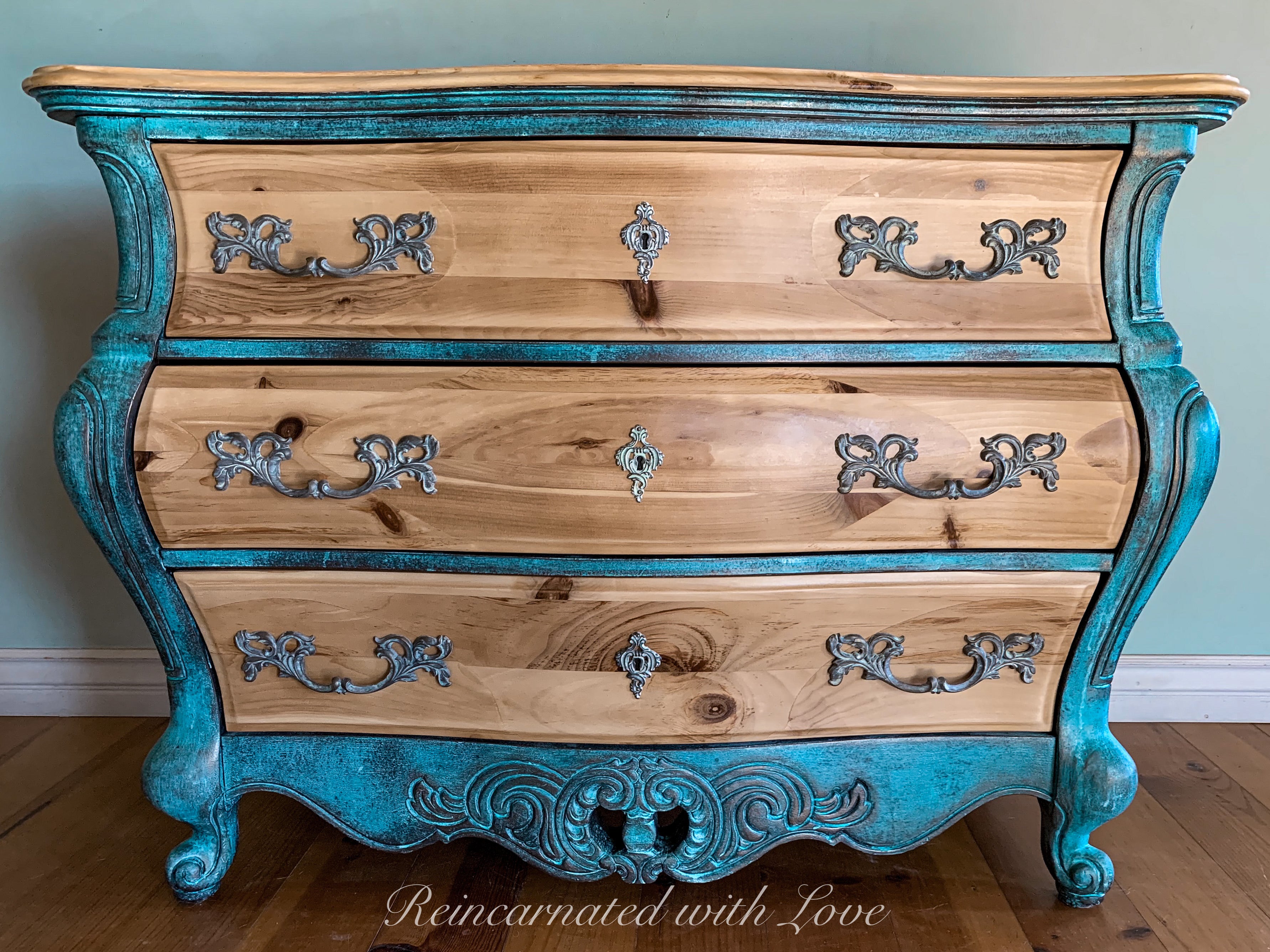 Boho Dresser ~ bombe chest of drawers in blue & green rusted copper patinas
