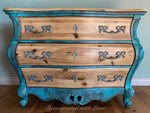 Boho Dresser ~ bombe chest of drawers in blue & green rusted copper patinas