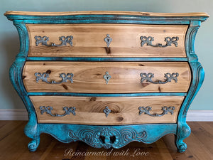 Boho Dresser ~ bombe chest of drawers in blue & green rusted copper patinas