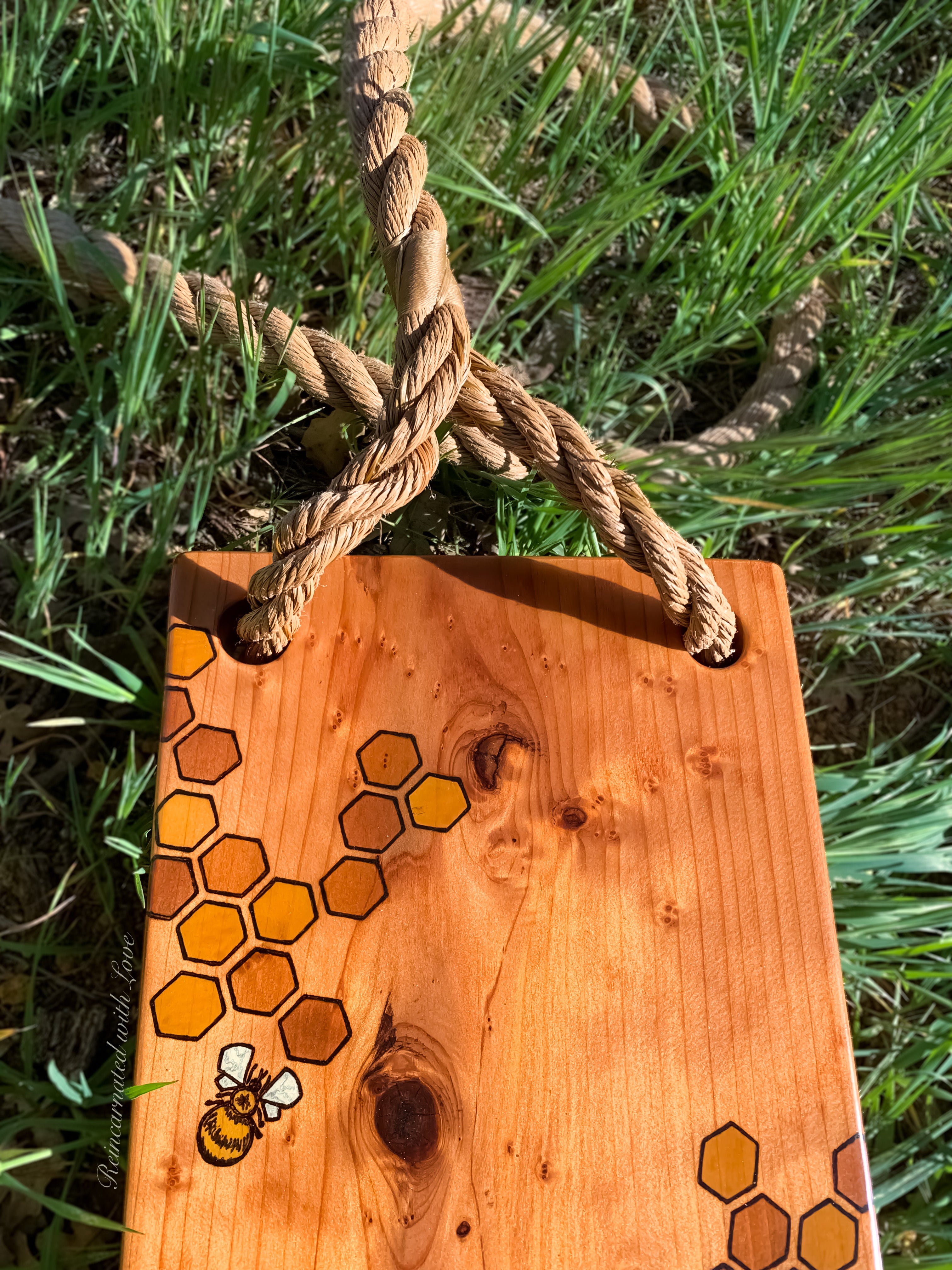 Old-Fashioned Tree Swing ~ waterproof redwood with burnt wood honeycomb & tiny bee accents