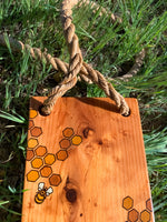 Old-Fashioned Tree Swing ~ waterproof redwood with burnt wood honeycomb & tiny bee accents