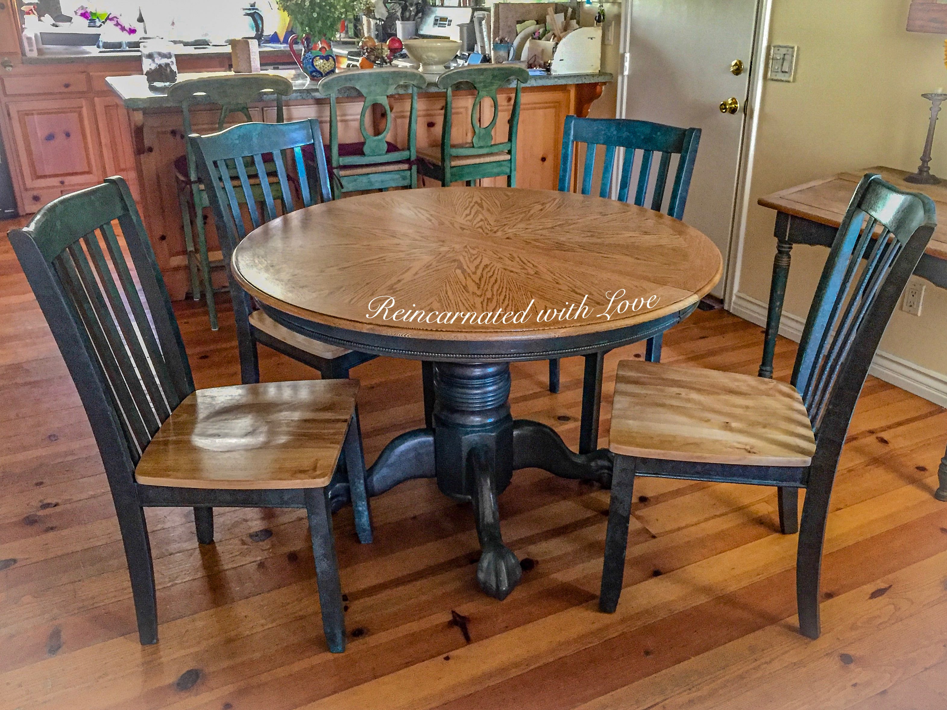 Shabby Chic Dining Set ~ pedestal table & chairs with matching extension leaf