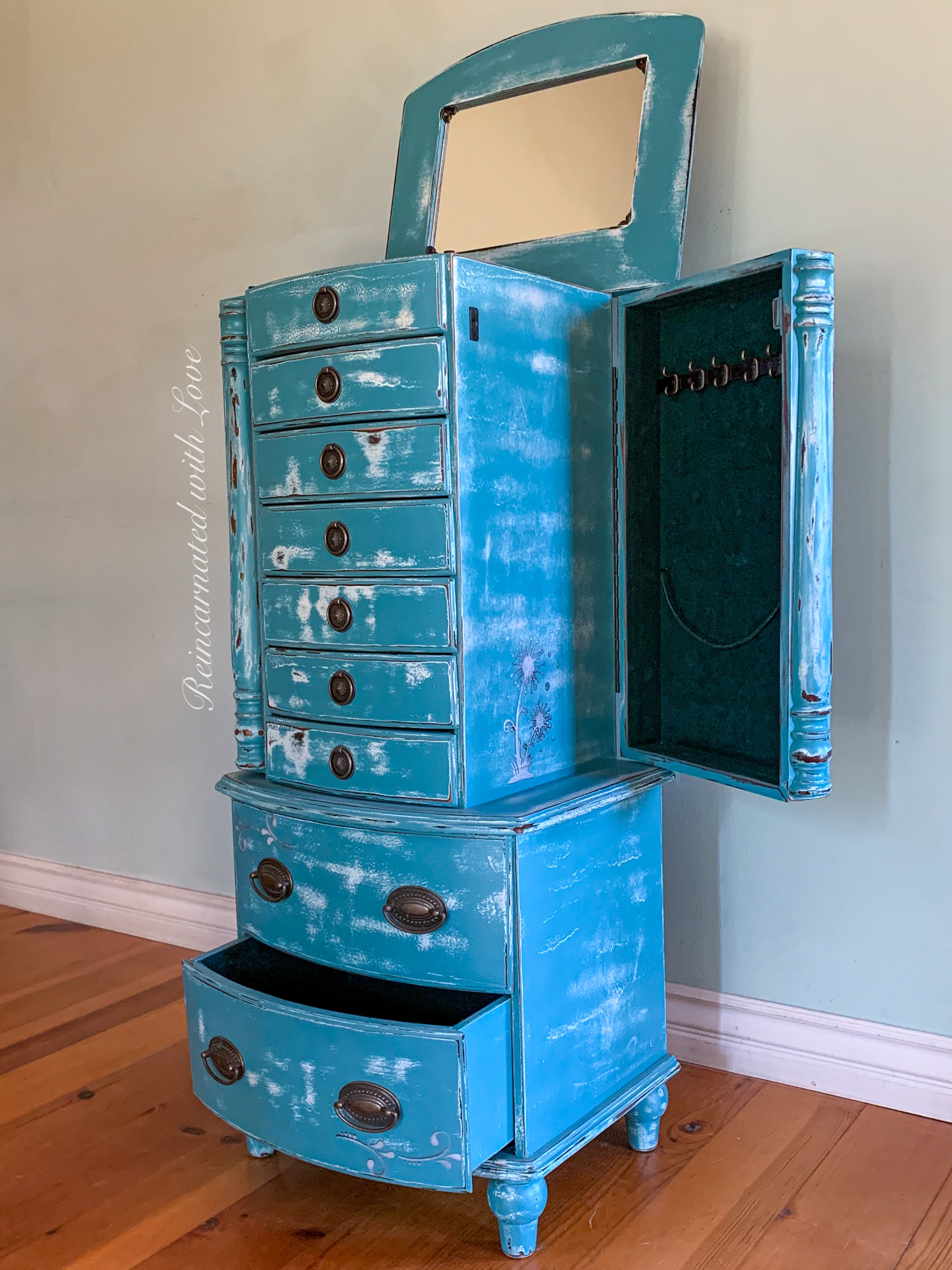 French Country Jewelry Armoire ~ in distressed blue with velvet lined drawers