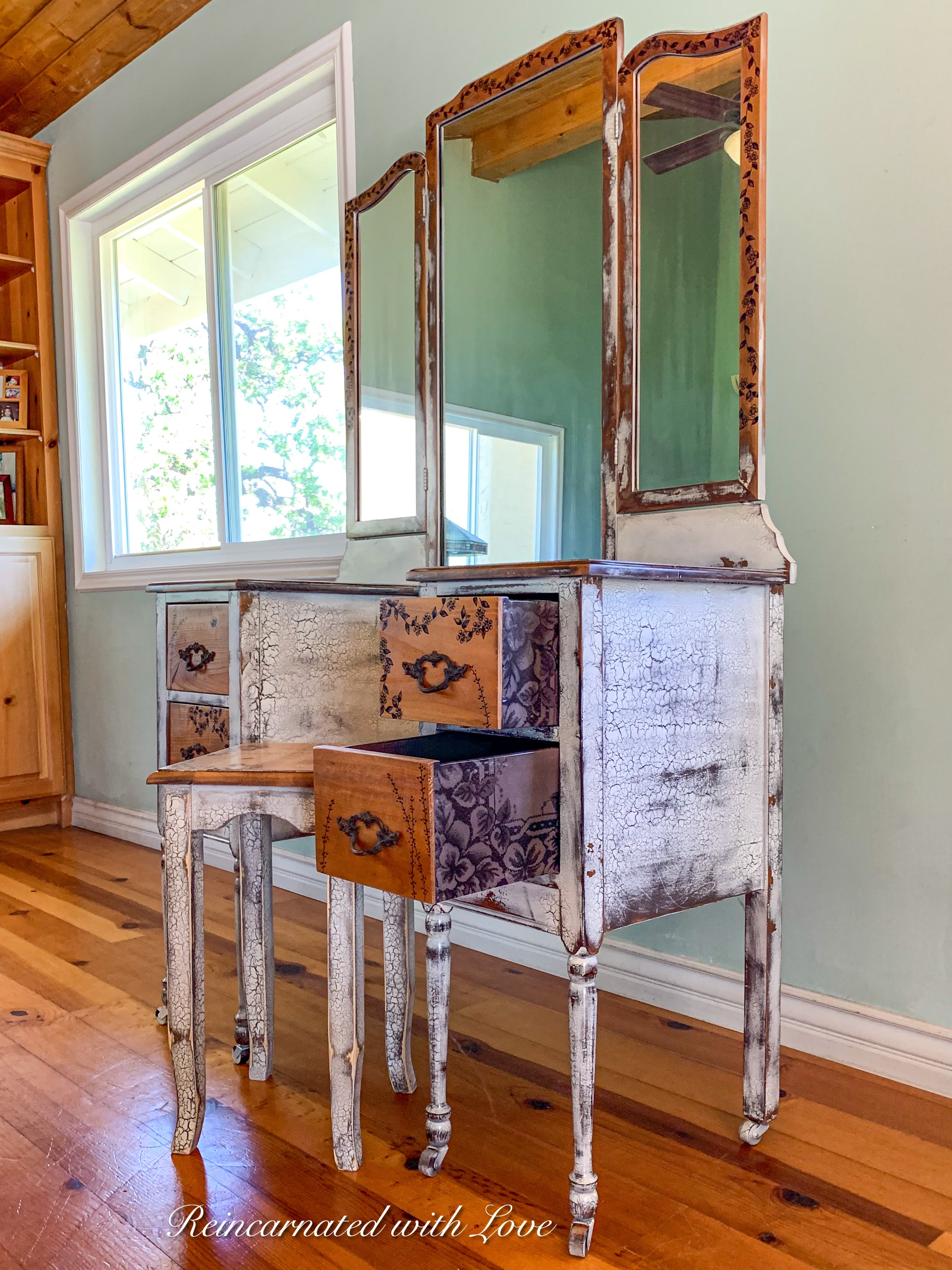 Farmhouse Style Vanity ~ antique dressing table with burnt wood, floral accents