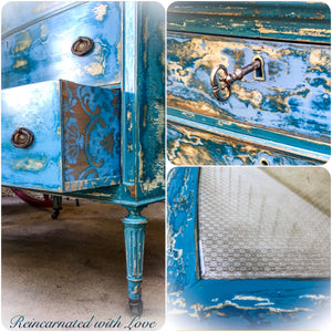 Large French Country Dresser ~ solid tiger oak antique dresser done in distressed blue