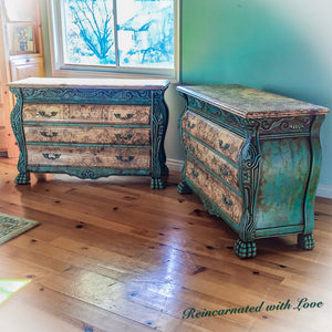 Patina Rusted Dresser ~ art nouveau style bombe chest in blue & green copper patinas
